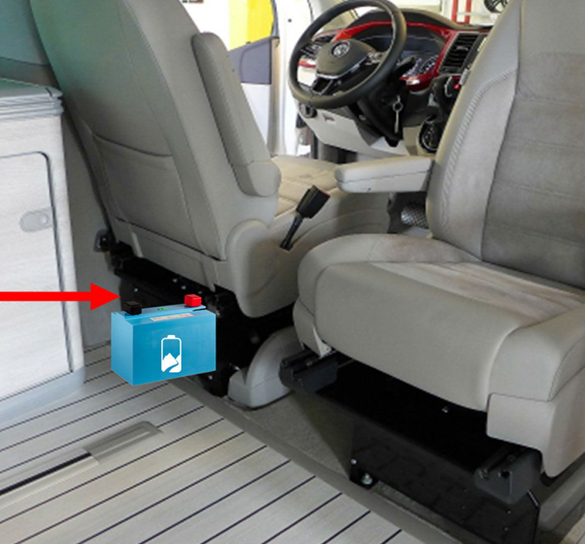 VAN Batterie kompakt unter dem Fahrersitz eingebaut